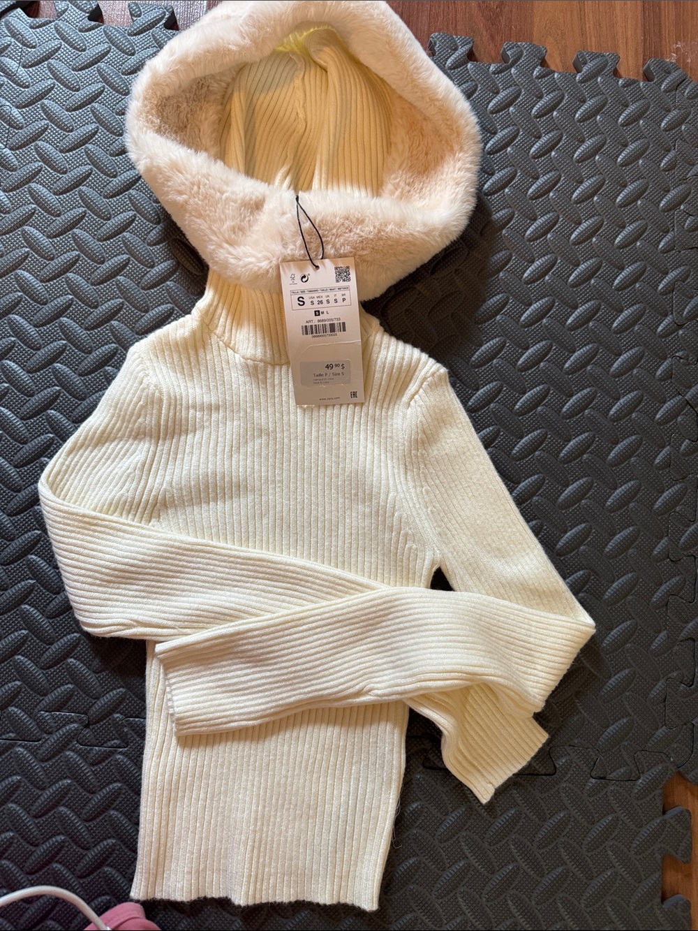 Zara Cream Ribbed Hooded Turtleneck Sweater with Faux Fur Trim
